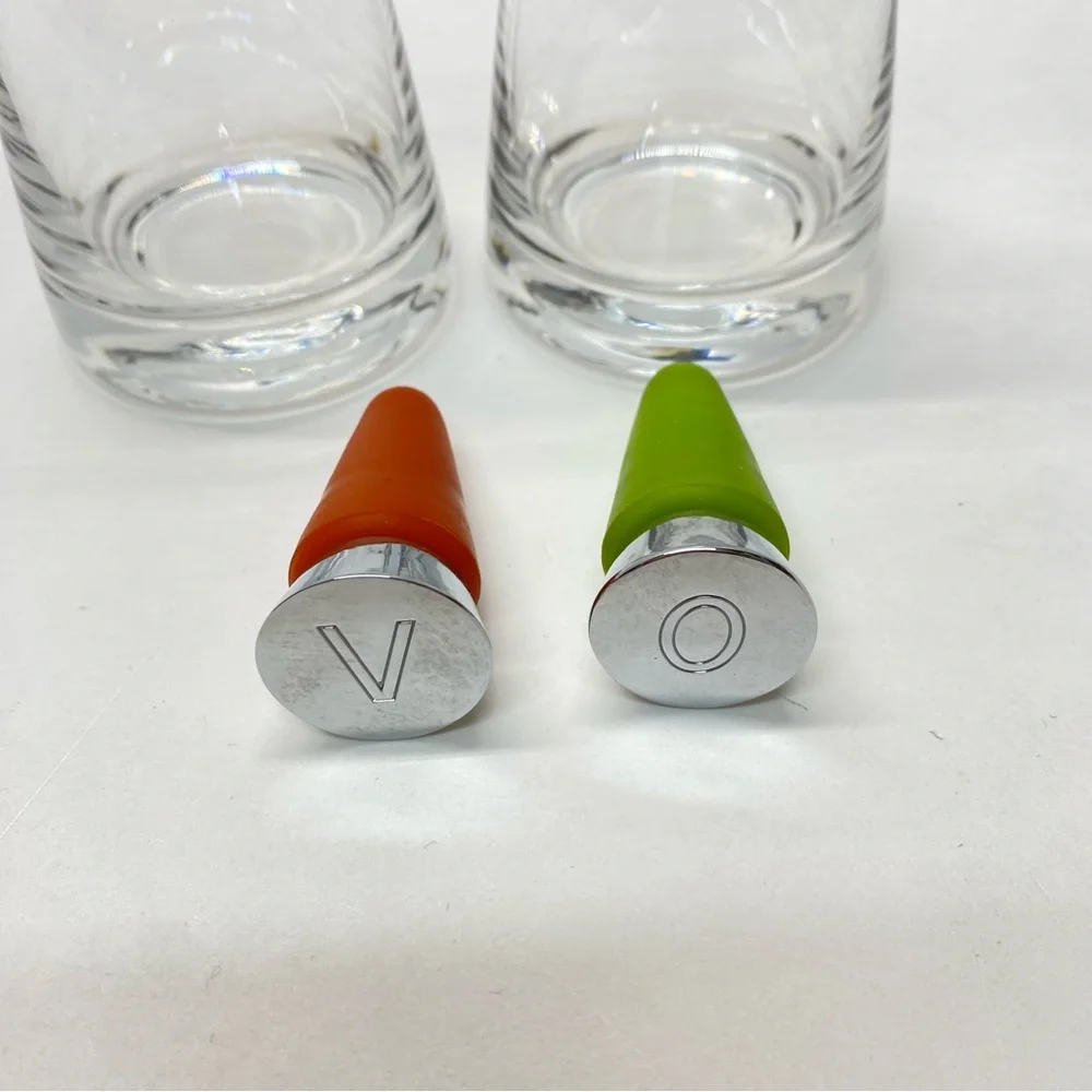 Oil & Vinegar Dispenser Set Double Sided Pour W/ Red & Green Rubber Stoppers